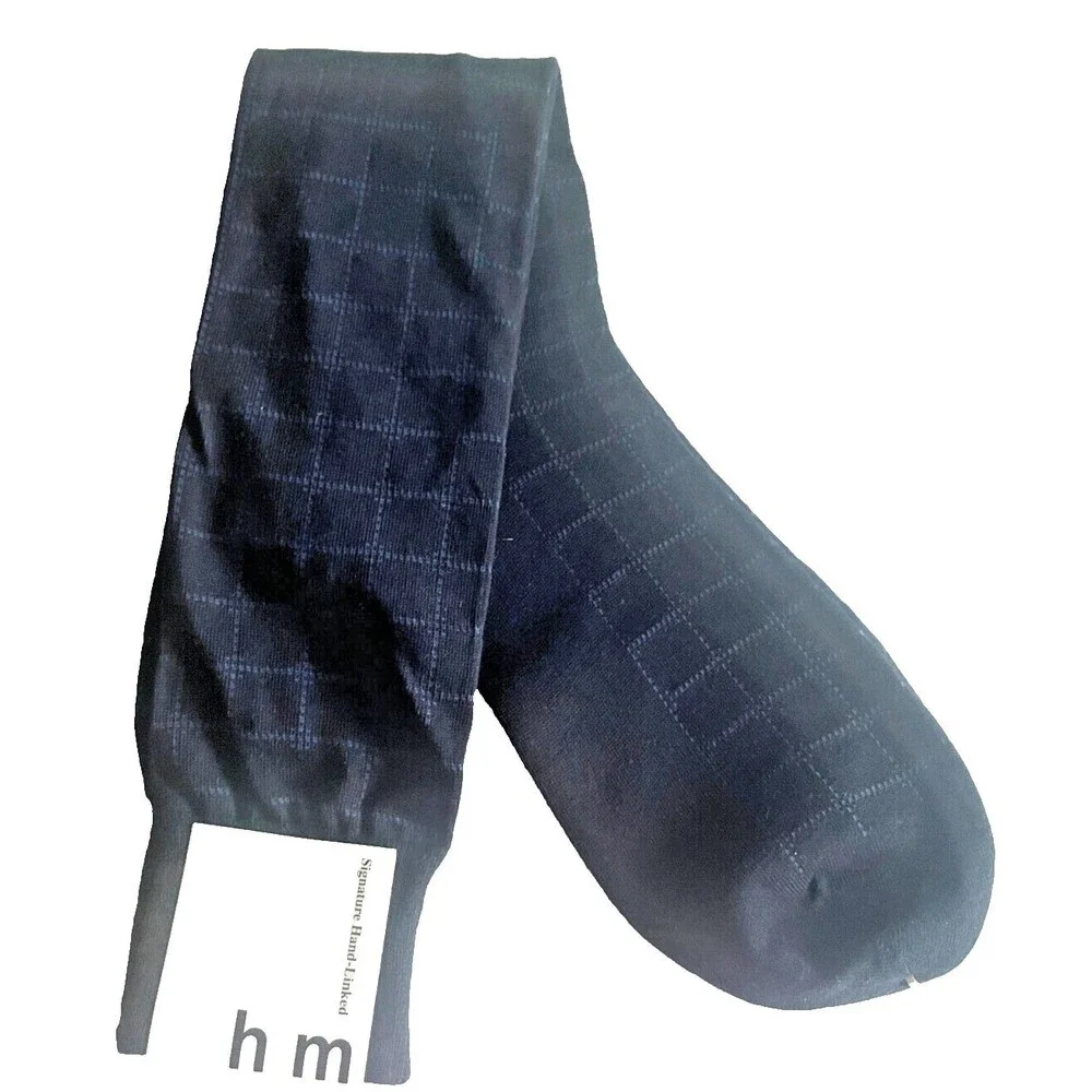 HIM Mens Dress Socks Over the Calf Navy Window Pane Designer Cotton Blend 10-13